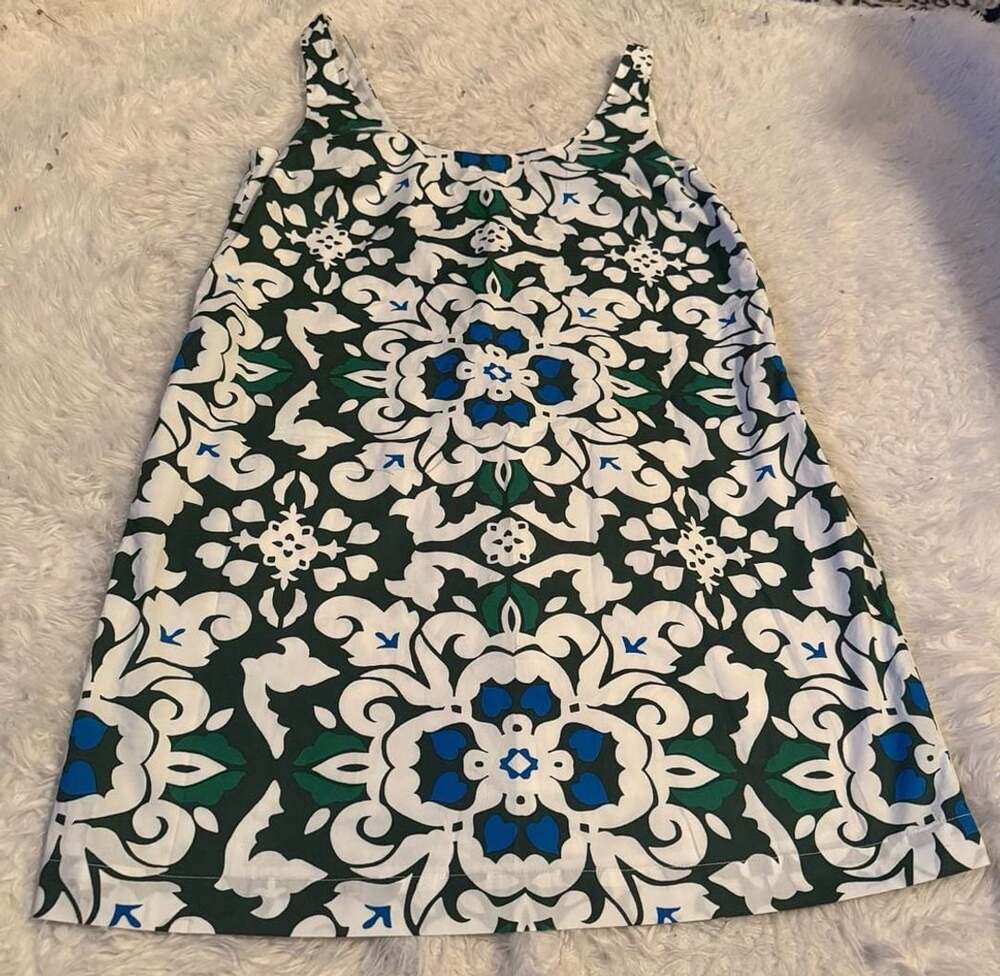 Boden Sleeveless Shift Dress Size US 8R Green Blue Tile Print